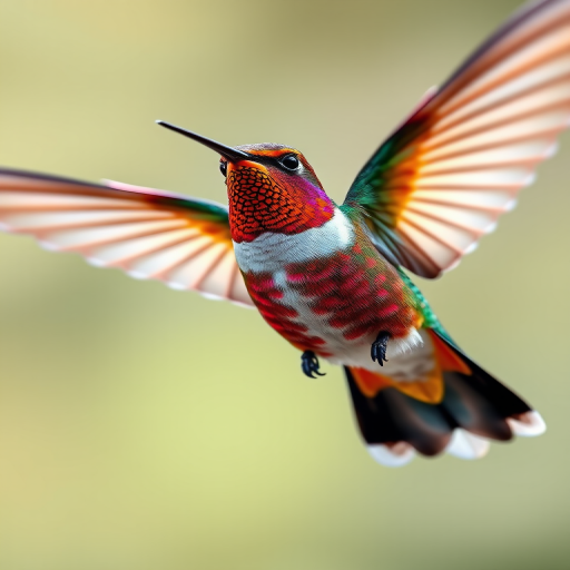 Generate a vibrant digital illustration of a hummingbird with bright colors, focusing on its wings spread wide, using a Canon EOS 5D Mark IV camera, aperture f/2.8, shutter speed 1/1000s, ISO 400, shot from a low angle with a shallow depth of field for enhanced detail and contrast.