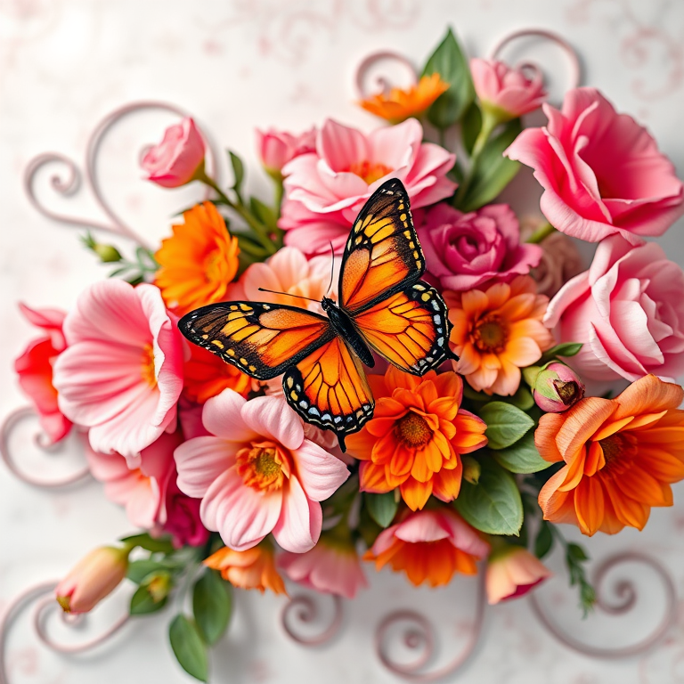 Create a vibrant floral arrangement with pink and orange flowers and a butterfly surrounded by elegant swirls, in a soft focus background with high-quality details, using a DSLR camera, aperture f/2.8, ISO 100, 50mm lens, top-down view, ensuring bright lighting and vivid colors.