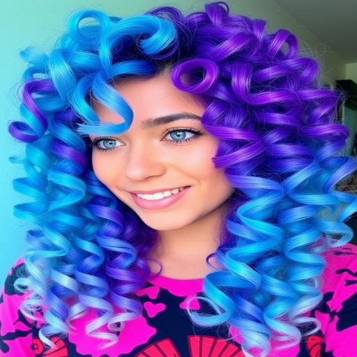 Vibrant turquoise to purple ombre hair styled in bouncy spiral curls, reminiscent of a tropical reef teeming with colorful marine life, aptly named Coral Symphony