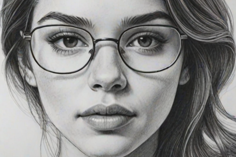 Magnificent Haliee Steinfeld, pencil sketch, portrait of Fascinating woman 1975s in glasses, hair style beatnik, outline, clear lines, fine lines, 8k