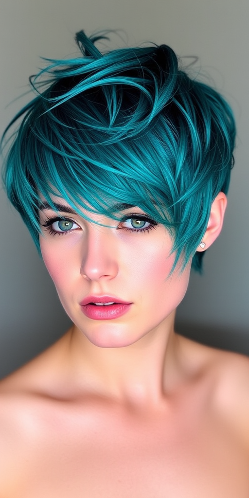 Stunning pixie cut with vibrant teal highlights, textured layers creating a messy yet chic look, emphasizing facial features and showcasing a bold personality