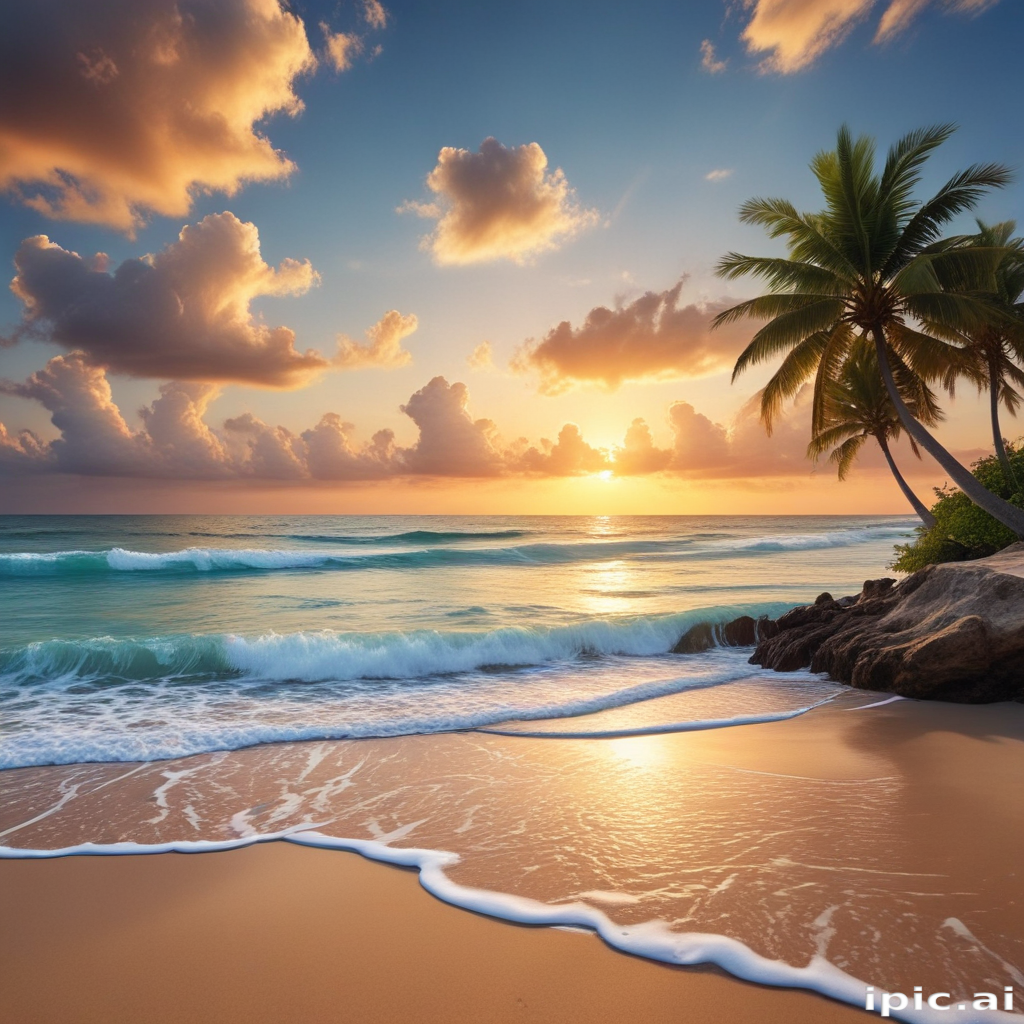 Tranquil Sunset Over Serene Beach with Palm Trees and Gentle Waves