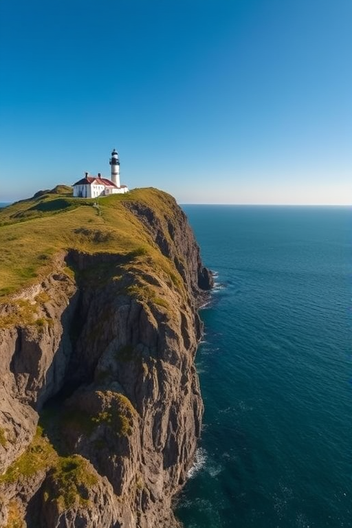 Aerial view of a rugged coastline with a lighthouse on a grassy cliff, clear blue skies, calm sea, taken with a drone camera, 4K resolution, ISO 100, f/2.8 aperture, 1/200s shutter speed.