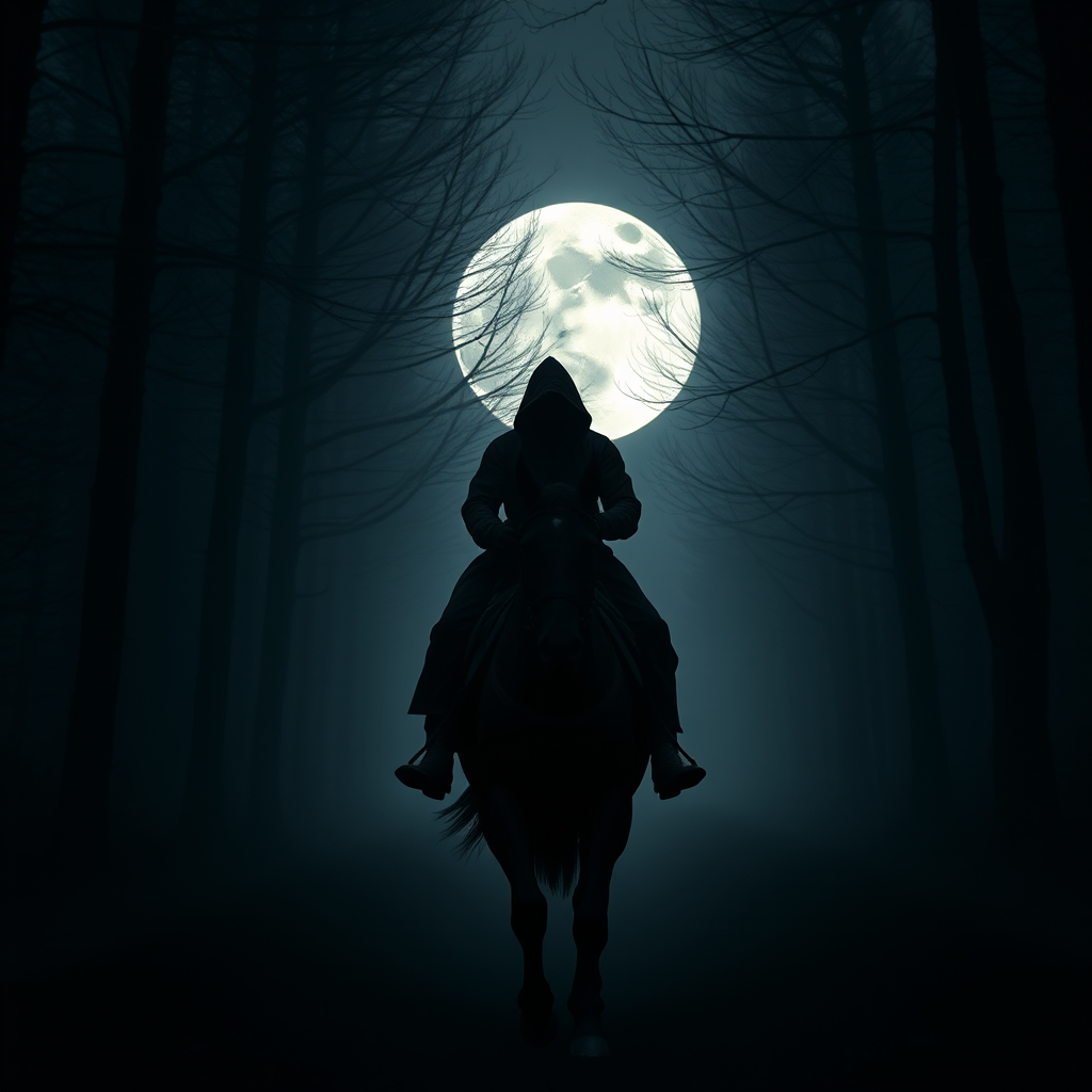 Create a dark and atmospheric scene of a hooded figure on a black horse riding through a dense, misty forest illuminated by a large full moon, using a DSLR camera with a 50mm lens, f/1.8 aperture, ISO 800, shutter speed 1/60s, and a low-angle view to enhance depth and detail.