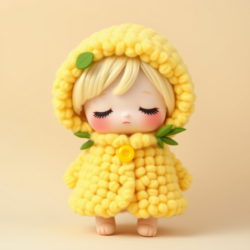 A cute doll resembling a *cereal*, dressed in a fluffy yellow coat that mimics the texture of corn kernels. The doll has soft, closed eyes and light blonde hair, adorned with green leaves and a yellow button at the collar. The background is a soft beige to complement the colors of the doll, and the overall style is whimsical and pastel, emphasizing a cozy, huggable appearance.