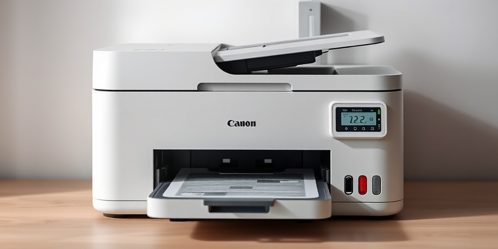 Create a high-resolution digital image of a printer with a minimalistic design, focusing on the printing mechanism, using a Canon EOS R5 camera, 50mm lens, aperture set to f/2.8, ISO 100, and a soft diffused lighting setup.