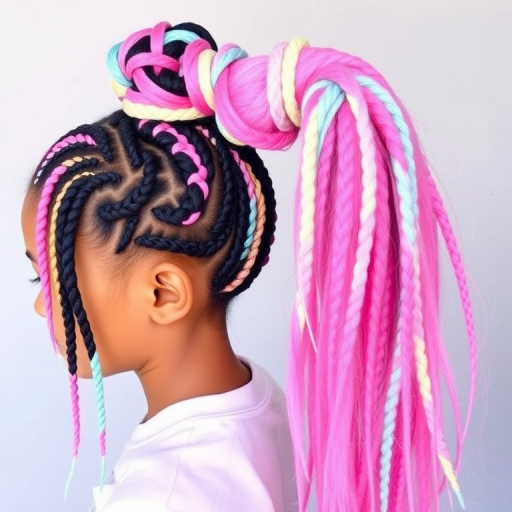 Playful multicolored braids named "Candyland Dreams" incorporate a variety of pastel hues woven into intricate cornrows and culminating in a high, voluminous ponytail
