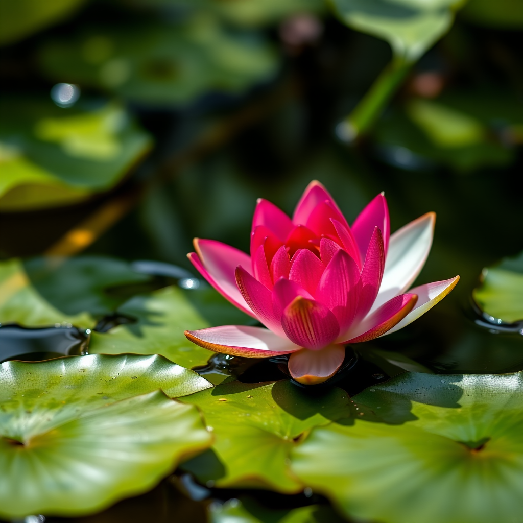 Close-up shot of a blooming water lily surrounded by green leaves on a serene pond, captured with a Canon EOS 5D Mark IV, 50mm lens, aperture f/2.8, ISO 100, natural light.