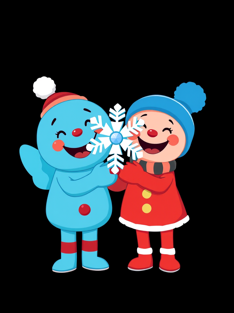 Create a vibrant cartoon-style illustration of two joyful characters, one red and one blue, holding a smiling snowflake, set against a solid black background, using a high-resolution digital camera with a 50mm lens, f/2.8 aperture, ISO 100, and soft lighting to enhance colors and details.