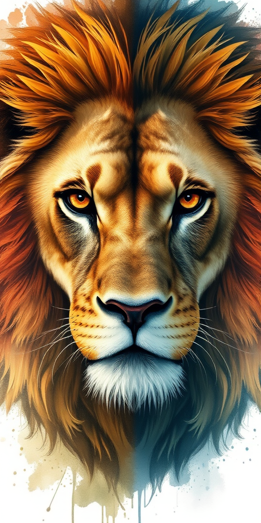 Create a highly detailed illustration of a lion's face, showcasing its majestic mane and intense eyes with a watercolor splash background, captured with a Canon EOS R5, 85mm f/1.2 lens, ISO 100, aperture f/2.8, and soft natural lighting.