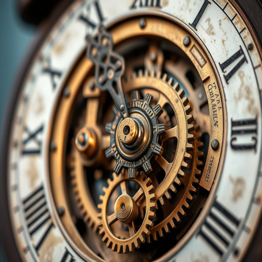Create a highly detailed close-up image of a vintage steampunk clock with intricate gears and brass elements, using a Canon EOS R5 camera with a 50mm lens, aperture f/2.8, ISO 100, and a shallow depth of field to enhance the textures and details while maintaining a soft background blur.