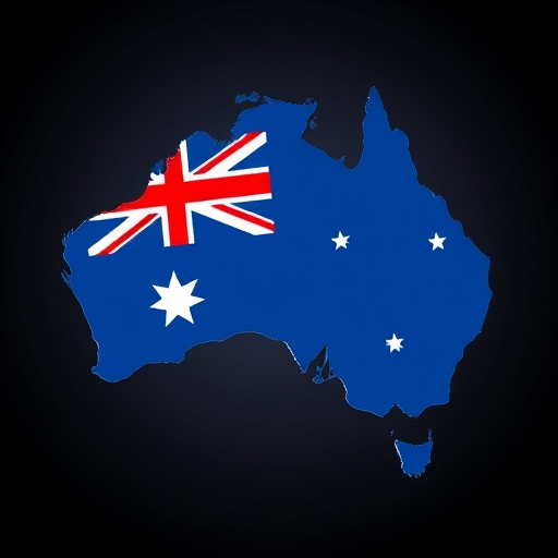 Create a vibrant illustration of Australia with the Australian flag superimposed, using a Canon EOS R5 camera, 50mm lens, f/8 aperture, ISO 100, shot from a slightly elevated angle to enhance depth and clarity, ensuring bright colors and sharp details.