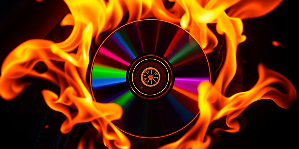 Create an image of a CD surrounded by vibrant flames, using a DSLR camera with a 50mm lens, f/2.8 aperture, ISO 100, and a shallow depth of field for a blurred background, overhead view, high contrast lighting to emphasize the flames and reflective surface of the CD.