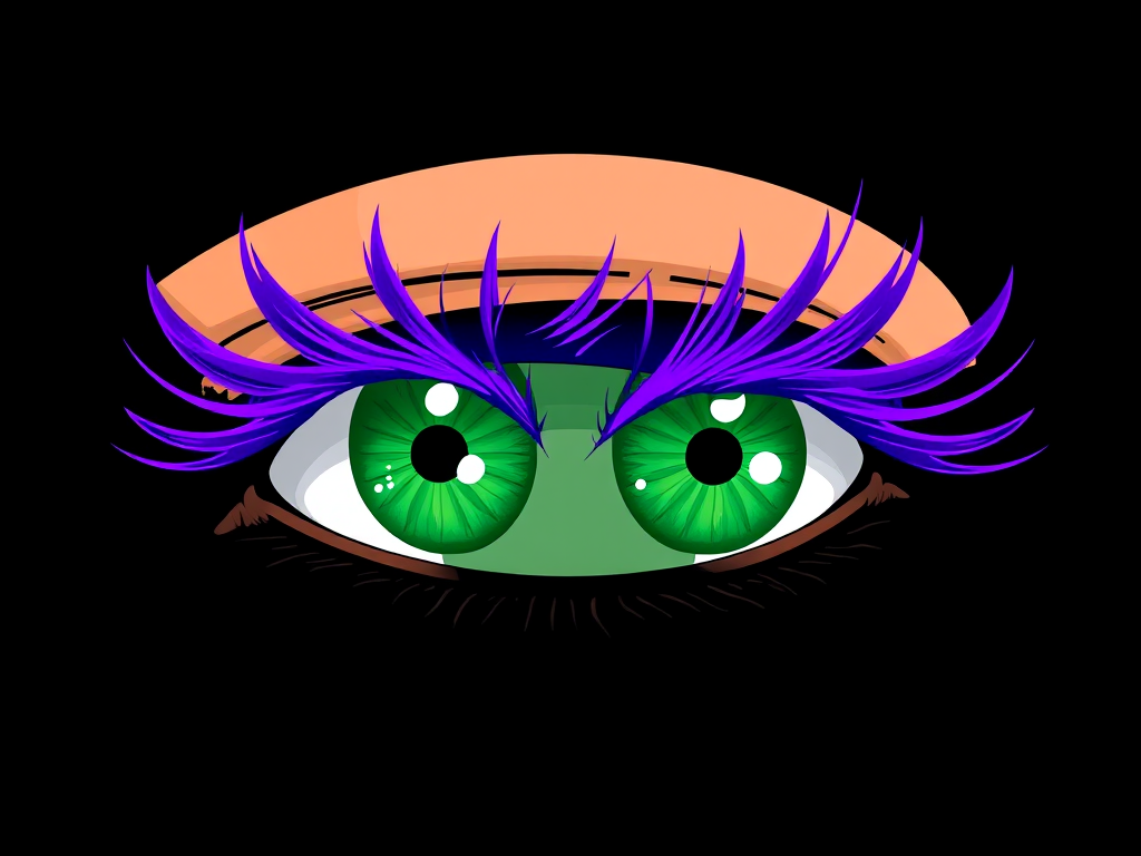 Create a highly detailed illustration of stylized eyes with emerald green irises and vibrant purple eyelashes against a black background, sharp focus, f-stop 2.8, ISO 100, 50mm lens, portrait view, digital art style, high resolution.