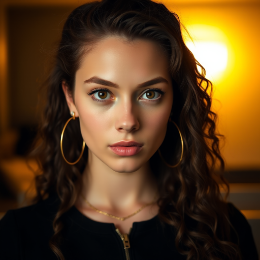 A young woman with long, curly brown hair is looking directly at the viewer. She is wearing a black top with a zipper down the front. The setting is a dimly lit interior space, with a warm, golden light emanating from the background. Her expression is neutral, with a hint of seriousness. The image is a close-up portrait with a shallow depth of field, focusing on the woman's face and torso. The background is blurred, creating a soft and intimate atmosphere.  She is wearing large gold hoop earrings, and a small gold chain is visible around her neck.  Her makeup is natural and simple, highlighting her brown eyes. The lighting creates subtle shadows that accentuate her features.  Her skin is smooth and glows in the soft light. The composition is balanced, with the woman's face positioned in the center of the frame.  The image is focused on capturing her beauty and confidence.