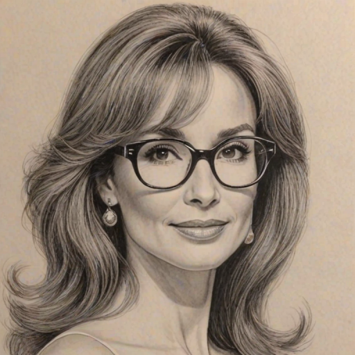Dazzling Susan Lucci, pencil sketch, portrait of Magnificent woman 1972s in glasses, hair style beatnik, outline, clear lines, fine lines, 8k