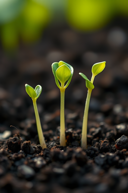 Capture a close-up image of three varying heights of green seedlings sprouting from dark soil, using a Canon EOS R5 camera with a 100mm f/2.8 Macro lens, aperture set to f/4, ISO 100, and a shutter speed of 1/200 sec, with a soft focus background for depth, illuminated by diffused natural light.