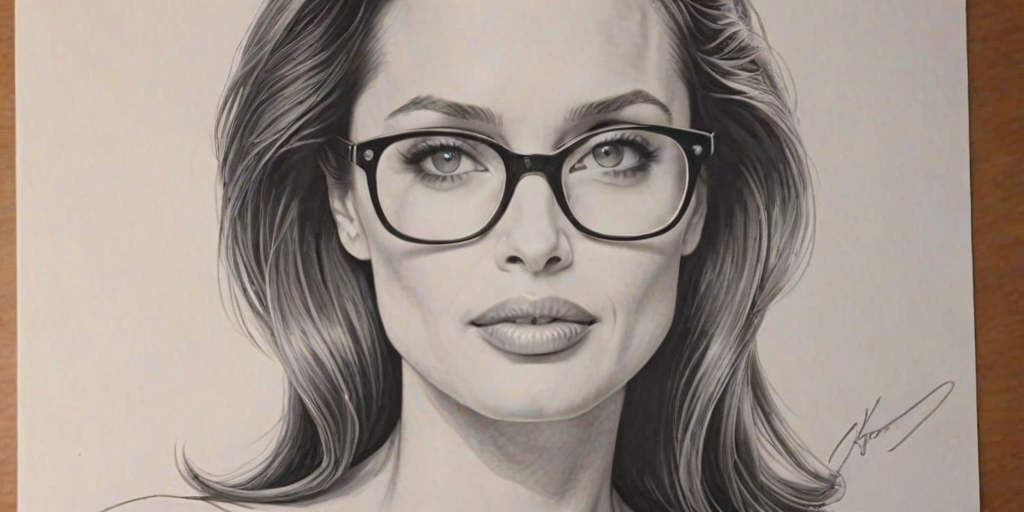 Attractive Angelina Jolie, pencil sketch, portrait of Elegant woman 1941s in glasses, hair style beatnik, outline, clear lines, fine lines, 8k