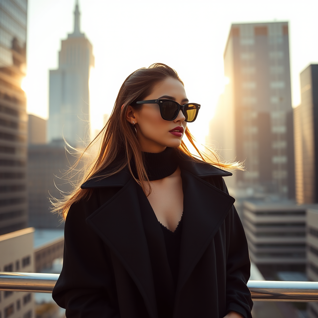 Cityscape backdrop, fashionable attractive model , wearing black shades, oversized coat, minimalist accessories, urban chic vibe, Shoot against a strong backlight using a 50mm f/1.2 lens to create a soft, silhouetted profile, highlighting the flow and transparency of the fabric