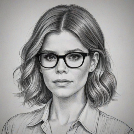 Captivating Kate Mara, pencil sketch, portrait of Attractive woman 1947s in glasses, hair style beatnik, outline, clear lines, fine lines, 8k