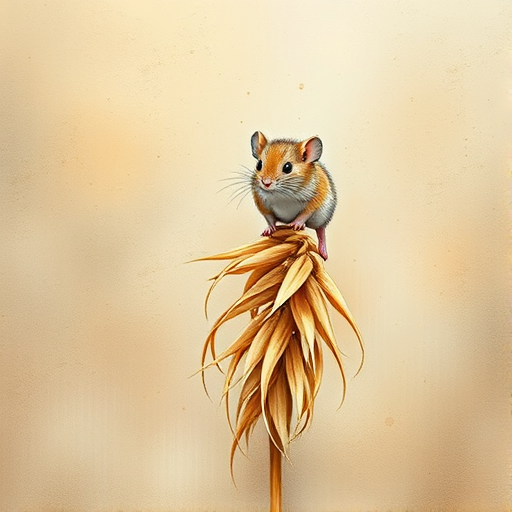 Soft, muted Alcohol Ink with ebru effect background image of tiny whimsical mousey, who climbed high on the top of a golden rye ear.
