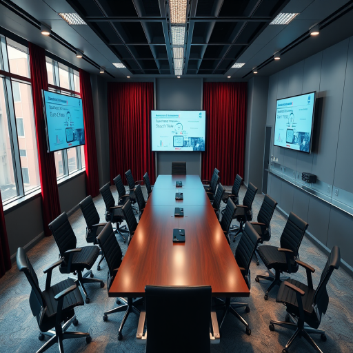 create a highly detailed top-down view of a modern conference room with a long rectangular table surrounded by black ergonomic chairs, large windows with dark red curtains, two large screens on the walls displaying presentations, soft overhead lighting, use a DSLR camera with a wide-angle lens, f/8 aperture, ISO 200, 24mm focal length, and a slight vignette effect to enhance image quality