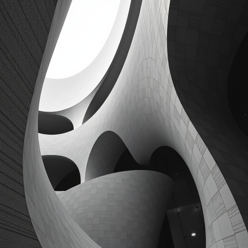 Create a high-resolution image of abstract architecture featuring curved and textured surfaces in black and white, shot with a Canon EOS R5 at f/8, ISO 100, with a 24mm wide-angle lens, using a low-angle view to emphasize the dimensionality and patterns of the structures.