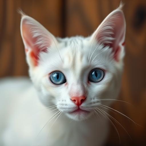 Capture a close-up of a white cat with striking blue eyes against a wooden background, using a Canon EOS 5D Mark IV, 50mm lens, aperture f/1.8, ISO 100, and a shallow depth of field to enhance the focus on the cat's face while softly blurring the background.