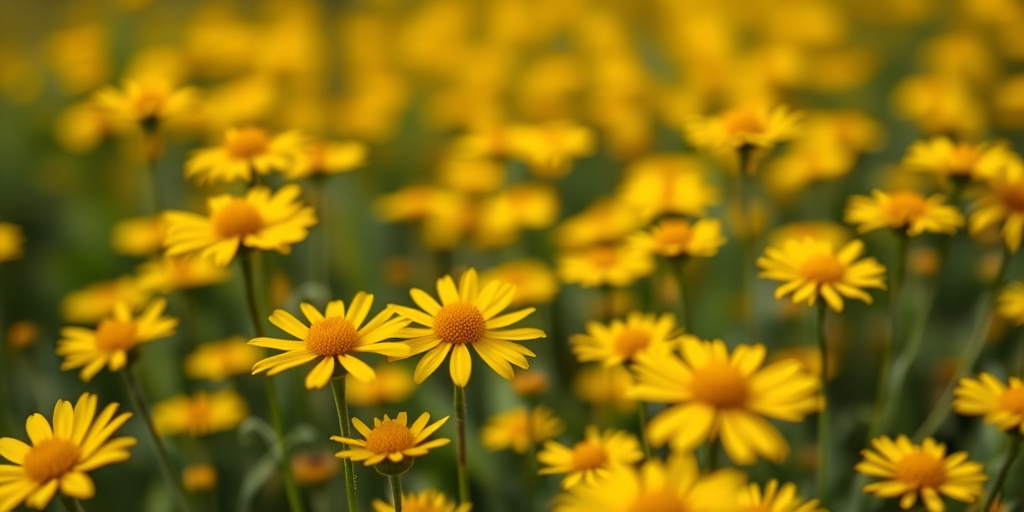 Capture a field of vibrant yellow flowers in soft focus, using a DSLR camera with a 50mm lens at f/1.8, ISO 100, shutter speed 1/200s, in a close-up view with natural light to enhance texture and detail.