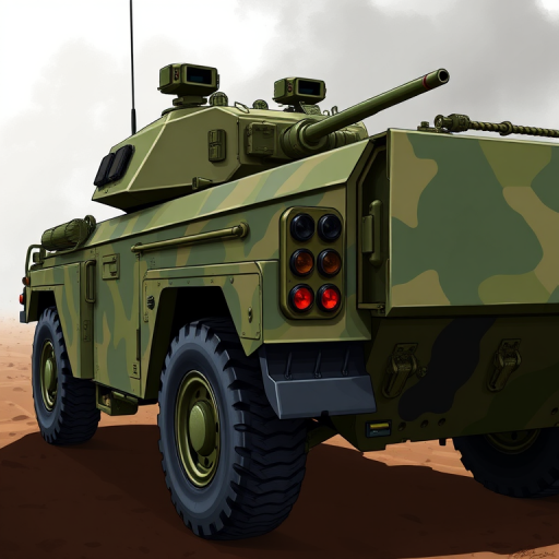 Create a detailed digital illustration of a military armored vehicle in a camouflage pattern, viewed from the side with a sharp focus, using a 50mm lens, f/8 aperture, 1/250s shutter speed, in high resolution on a DSLR camera for enhanced clarity and color vibrancy.