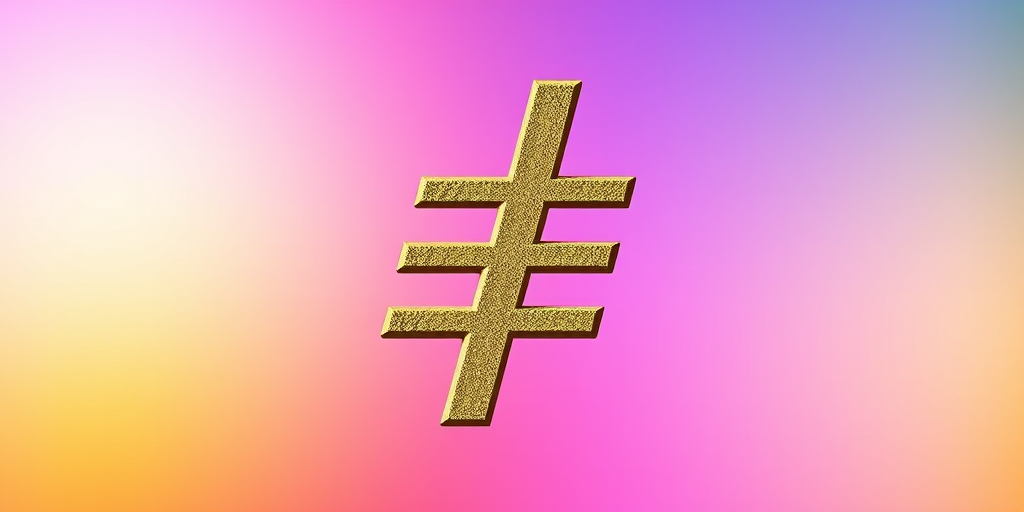 Create an image of a golden hashtag symbol against a vibrant gradient background, using a DSLR camera with an aperture of f/2.8, a shutter speed of 1/100s, ISO 100, shot in macro mode for detailed texture.