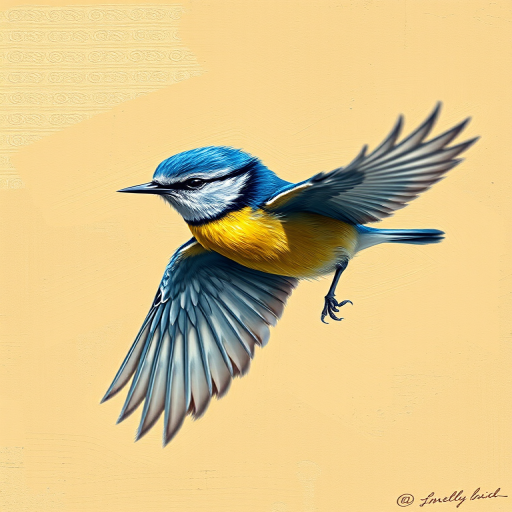 A highly detailed painting of a blue tit bird in mid-flight, set against a textured beige background, captured with a Canon EOS R5, 85mm lens, aperture f/1.8, ISO 200, shutter speed 1/1000s, using soft natural lighting for enhanced color vibrancy.