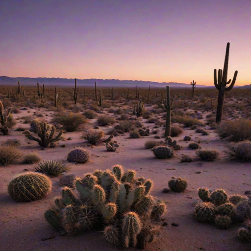 Soft-focus image of a tranquil desert landscape at dusk, with soft purple and orange hues in the sky, scattered cacti silhouetted against the fading light.
