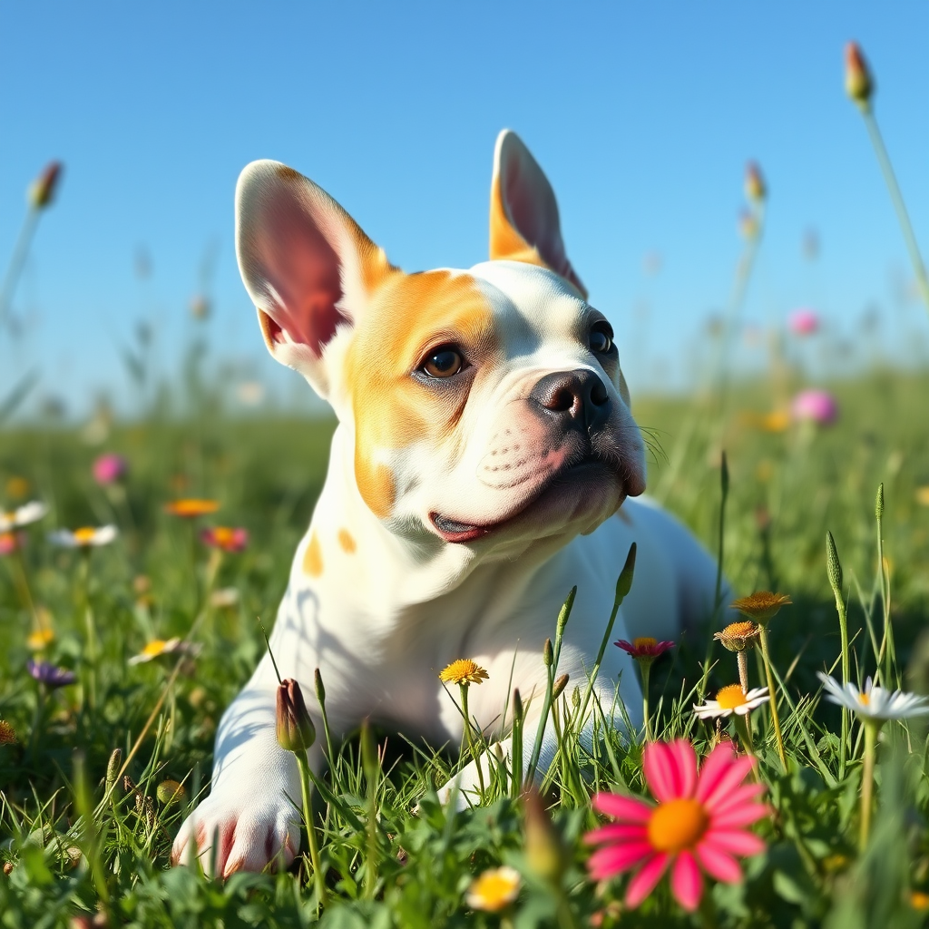 a whimsical fantasy image of a 1year old Exotic Micro Bullie dog whose white with tan spots, lying in the grass with Wildflowers all around her, blue skies and sunshine