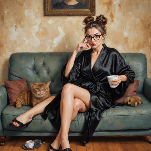 The words ‘Professional Overthinker’ (exact spelling) An exaggerated whimsical illustration of a cute silly lady with unruly messy brown bun and black glasses pouty lips and a thinking expression. Shes sitting on the couch, legs folded wearing a black silk robe, black fuzzy slippers. She’s holding her coffee cup and making a deep-in-thought face.  A quirky scruffy cat (dog) looking at her against a mottled, oil painting style soft background living room setting.