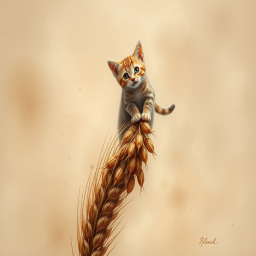 Soft, muted Alcohol Ink with ebru effect background image of tiny whimsical cat, who climbed high on the top of a golden rye ear.