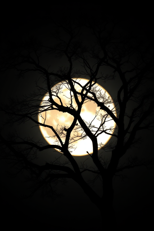 generate a high-quality black silhouette of a tree with intricate branches and leaves against a bright full moon background, taken with a Canon EOS R5, 50mm lens, f/1.8 aperture, ISO 100, shot at dusk for enhanced contrast and detail