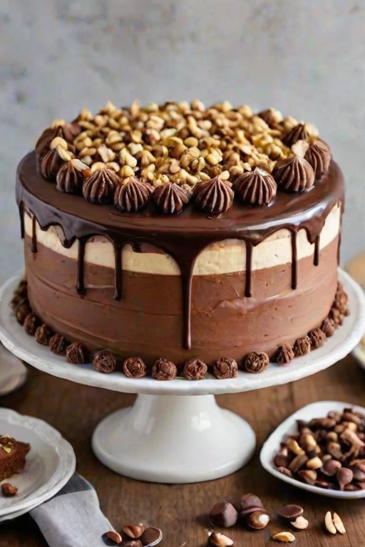 Create an image of a layered cake with a rich chocolate ganache on top, decorated with mini chocolate cupcakes and crushed nuts. The cake should have a smooth buttercream finish and be adorned with swirls of frosting. Add some chocolate candies on top for extra decoration.