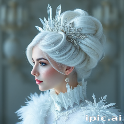 Ethereal white-haired ice queen sporting an elaborate updo with crystalline accessories and delicate snowflake details
