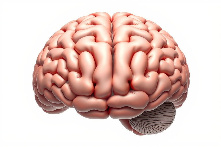 high-resolution illustration of a brain, frontal view, studio lighting, DSLR camera, f-stop 8, ISO 100, shutter speed 1/125 sec, white background