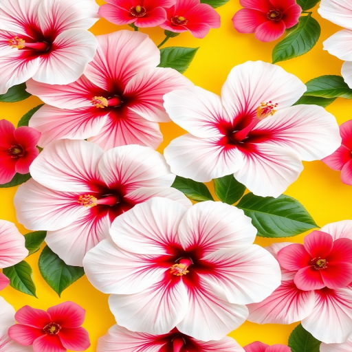 Create a vibrant floral pattern featuring large white hibiscus flowers with red centers against a soft yellow background, using a high-resolution DSLR camera with a 50mm lens, aperture set to f/2.8 for a shallow depth of field, and a bright daylight setting to enhance color vibrancy and clarity.