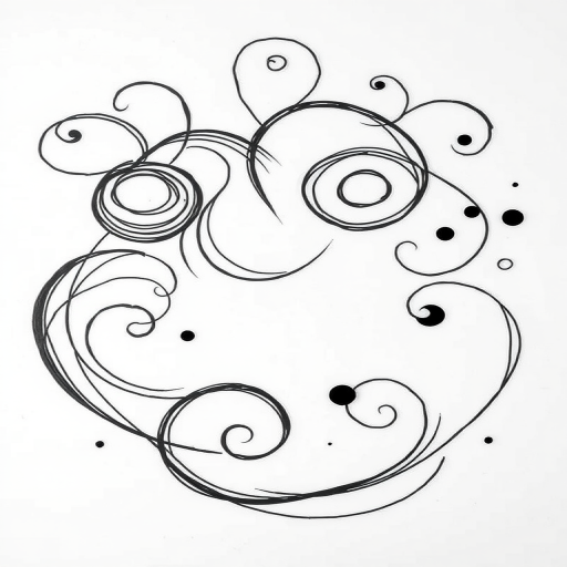 Create a stylized black line drawing of abstract shapes and swirls, studio lighting, f/2.8 aperture, ISO 100, 50mm lens, high resolution, shot from a top-down angle using a digital SLR camera.
