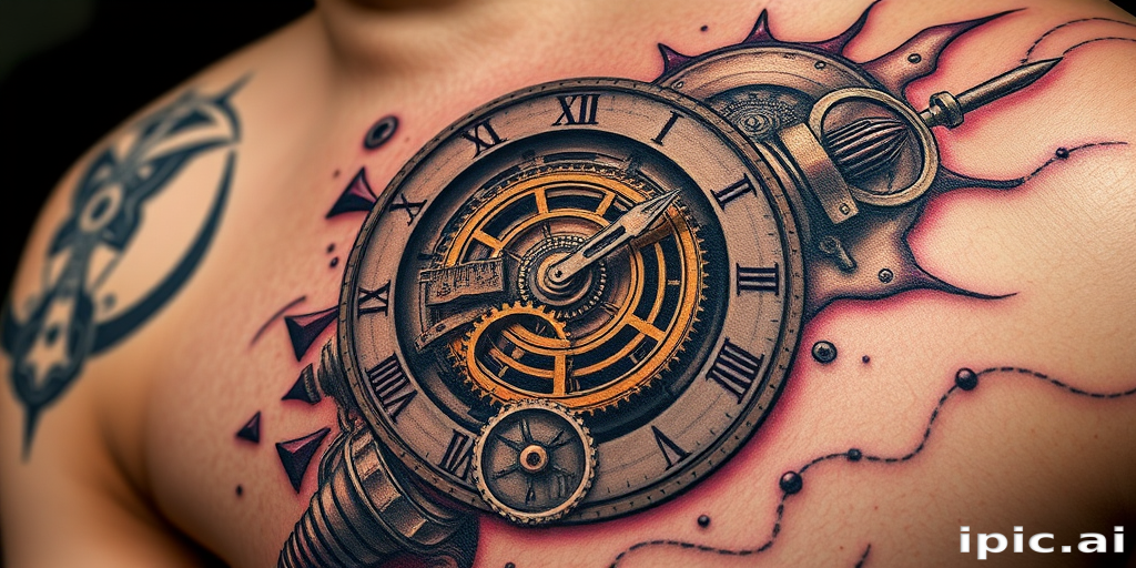 Realistic 3D tattoo titled "Steampunk Chronos" depicting a meticulously detailed mechanical clock with exposed gears cogs and springs seemingly embedded within the skin giving an illusionary depth