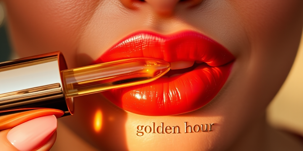 Luminous "Golden Hour Glow" lip oil nourishes and enhances lips with a sheer wash of warm, flattering color and a dewy, light-reflecting finish