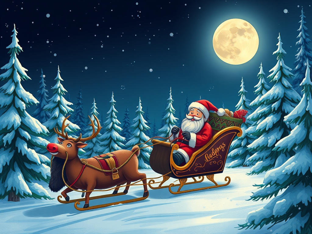 Generate a whimsical illustration of Santa Claus in a sleigh being pulled by a reindeer at night, surrounded by snow-covered pine trees under a full moon, using a digital art style with vibrant colors, and simulate a DSLR camera view with a wide aperture of f/2.8, focal length of 50mm, and a shallow depth of field for enhanced image quality.