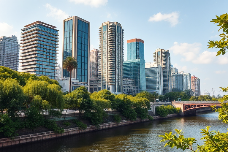 Generate an image of a riverside cityscape featuring modern skyscrapers and lush greenery, captured with a Canon EOS R5 at f/8, 1/200s, ISO 100, using a wide-angle lens for a vibrant, detailed view under natural lighting.