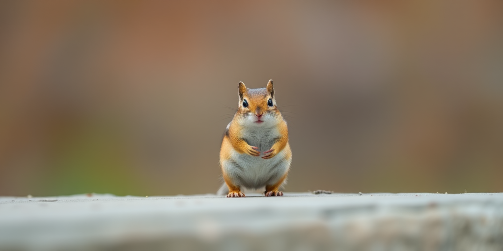 chipmunk standing on a flat surface with a blurred natural background, captured with a Canon EOS 5D Mark IV, 50mm lens, f/2.8 aperture, ISO 200, 1/200 sec shutter speed, natural light, focus on the chipmunk