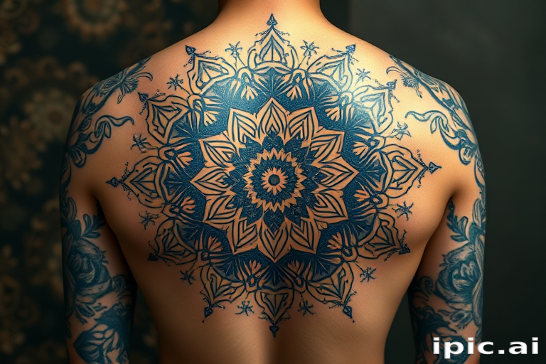Ornate mandala tattoo covering the upper back and shoulders, incorporating intricate floral patterns and sacred geometry in deep blue and gold ink