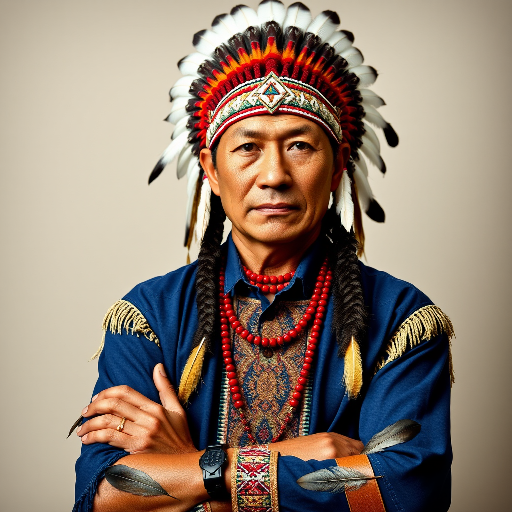 Create a dignified portrait of a Native American man dressed in traditional attire. He wears a beautifully crafted headdress adorned with white feathers and red beads, along with a beaded headband featuring intricate patterns. His clothing includes a deep blue, patterned shirt and a traditional chest piece with detailed beadwork. His arms are crossed, displaying leather armbands decorated with feathers. The background is simple and neutral, emphasizing his proud and stoic expression. The overall image captures the rich cultural heritage and strength of his persona.