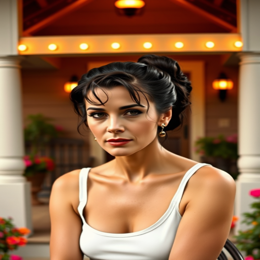 A photo of Greta Garbo with a background of a cozy porch. She has dark hair pulled back in an updo, with tendrils framing her face. She wears a white tank top and sits on the porch. The porch is part of a well-lit home with a warm, earthy tone and colorful flowers and foliage. The overall scene has a warm, welcoming, and comfortable ambiance.